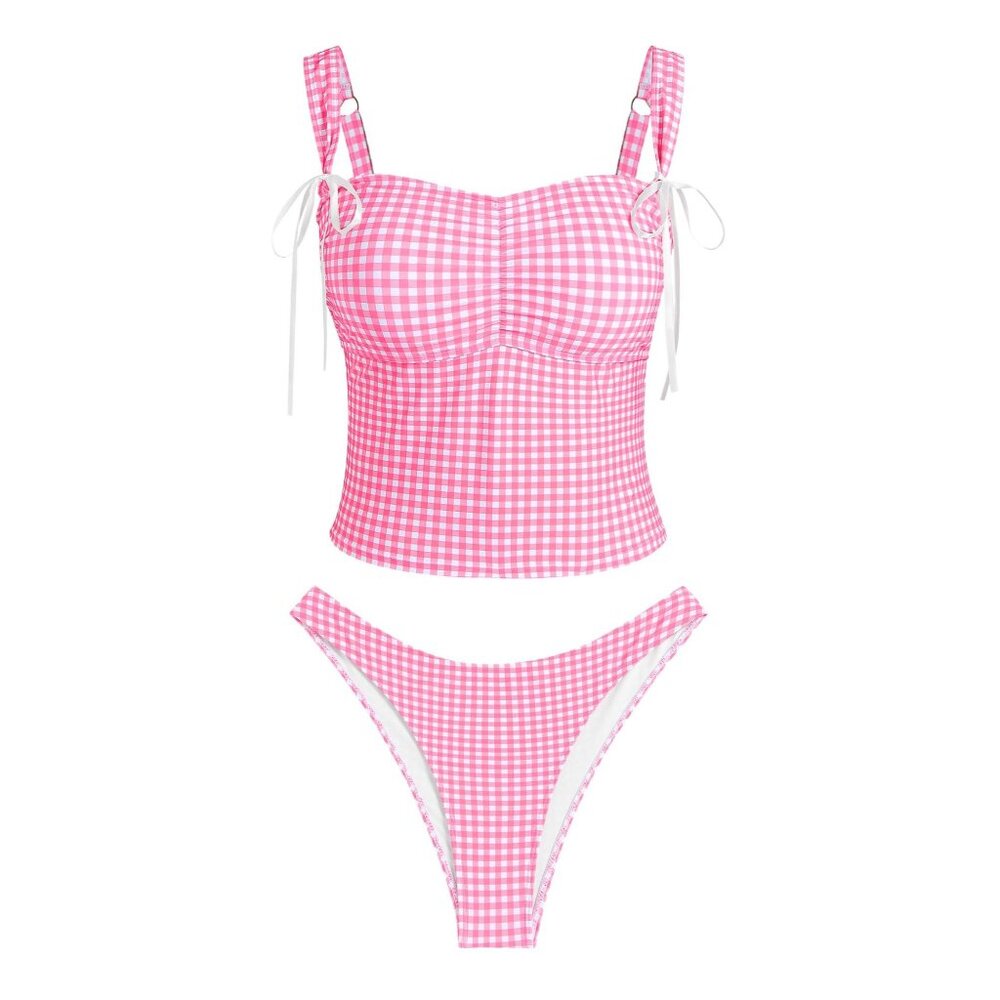 Women's Gingham Ruched Bowknot Decor Cinched Back Tankini Set (Size L 8-10)